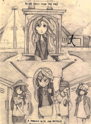 Size: 2432x3304 | Tagged: safe, artist:ilacavgbmjc, captain planet, normal norman, sunset shimmer, sweet leaf, equestria girls, g4, background human, canterlot high, comic, high res, hilarious in hindsight, monochrome, sunset phoenix, traditional art
