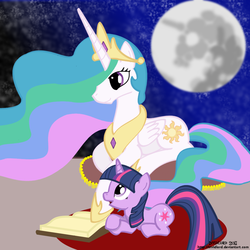 Size: 1000x1000 | Tagged: safe, artist:invidlord, princess celestia, twilight sparkle, g4, book, filly, mare in the moon, moon, younger