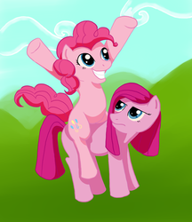 Size: 2201x2546 | Tagged: safe, artist:laramagyar, pinkie pie, earth pony, pony, g4, cute, cuteamena, day, duality, high res, hill, looking at each other, looking up, pinkamena diane pie, ponies riding ponies, riding, self ponidox, self riding, smiling, unamused