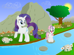 Size: 3364x2496 | Tagged: safe, artist:wildanime, rarity, sweetie belle, butterfly, g4, flower, high res, river, sisters, stream, tree