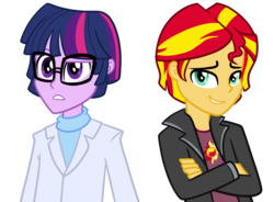 Size: 1368x1008 | Tagged: safe, artist:thecheeseburger, sci-twi, sunset shimmer, twilight sparkle, equestria girls, g4, dusk shine, equestria guys, male, rule 63, sci-dusk, sunset glare