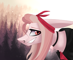 Size: 1024x843 | Tagged: safe, artist:alliecorn, oc, oc only, oc:allie, clothes, forest, headband, leather jacket, nose piercing, septum, solo, tree