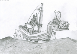 Size: 4000x2823 | Tagged: safe, artist:techarmsbu, button mash, g4, blank flank, boat, crossover, high res, king of red lions, male, monochrome, solo, the legend of zelda, the legend of zelda: the wind waker