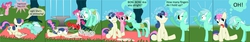 Size: 2000x338 | Tagged: safe, artist:cgeta, bon bon, lyra heartstrings, pinkie pie, sweetie drops, earth pony, pony, unicorn, g4, anvil, circling stars, comic, derp, dizzy, female, hand, horn, mare, reality ensues, slapstick, tongue out