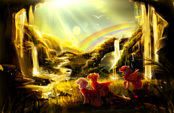 Size: 1024x663 | Tagged: safe, artist:aquagalaxy, apple bloom, scootaloo, sweetie belle, earth pony, pegasus, pony, unicorn, g4, cape, clothes, cmc cape, cutie mark crusaders, female, filly, rainbow, scenery, scenery porn, spread wings, trio, waterfall, wings