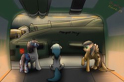 Size: 1280x857 | Tagged: safe, artist:the-furry-railfan, oc, oc only, oc:minty candy, oc:twintails, ghoul, pegasus, pony, unicorn, fallout equestria, fallout equestria: occupational hazards, artillery, cannon, equestrian army, explosives, military, shell, underground