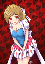 Size: 1191x1684 | Tagged: safe, artist:s1k bo1, oc, oc only, oc:alice goldenfeather, human, alice in wonderland, barely pony related, blushing, cleavage, clothes, crying, dress, female, humanized, humanized oc, namesake, poker, pun, solo