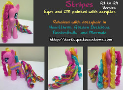 Size: 570x420 | Tagged: safe, artist:darklycutedesigns, stripes (g1), g1, g4, etsy, female, figure, g1 to g4, generation leap, irl, photo, rainbow curl pony, solo, stripes, toy