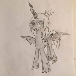 Size: 1024x1024 | Tagged: safe, artist:captain-pie, queen chrysalis, changeling, changeling queen, g4, female, monochrome, solo, traditional art