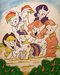 Size: 1229x1518 | Tagged: artist needed, safe, applejack, fluttershy, pinkie pie, rainbow dash, rarity, twilight sparkle, g4, incomplete, mane six, traditional art