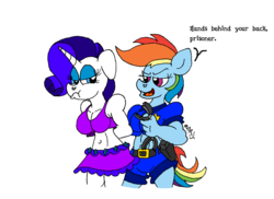 Size: 3507x2552 | Tagged: safe, artist:dragonboi471, rainbow dash, rarity, anthro, g4, arrested, belly button, clothes, cuffs, high res, midriff, police uniform, scrunchy face, skirt