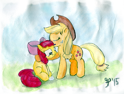 Size: 3187x2410 | Tagged: safe, artist:halflingpony, apple bloom, applejack, pony, g4, crying, duo, high res