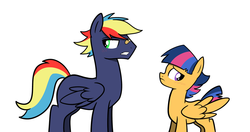 Size: 1024x539 | Tagged: safe, artist:mishti14, oc, oc only, oc:prism bolt, oc:starburst, pegasus, pony, kilalaverse, blushing, female, male, oc x oc, offspring, offspring shipping, parent:flash sentry, parent:rainbow dash, parent:soarin', parent:twilight sparkle, parents:flashlight, parents:soarindash, shipping, simple background, straight, white background