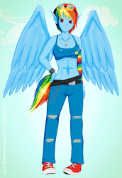 Size: 1920x2793 | Tagged: safe, artist:kurookami-sama, rainbow dash, human, g4, belly button, clothes, converse, elf ears, female, goggles, humanized, midriff, necklace, pony coloring, solo, tailed humanization, winged humanization