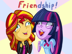 Size: 2088x1584 | Tagged: safe, artist:thecheeseburger, sunset shimmer, twilight sparkle, equestria girls, g4, derp, duo, faic