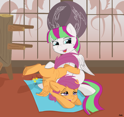 Size: 1874x1768 | Tagged: safe, artist:bloss, blossomforth, scootaloo, pegasus, pony, g4, assisted stretching, backbend, chest stand, contortion, contortionist, contortionista, contortionista-blossomforth, dojo, duo, duo female, female, filly, flexible, mare, misleading thumbnail, open mouth, tongue out, training, underhoof