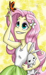 Size: 792x1296 | Tagged: safe, artist:davidsfire, artist:lunchie, angel bunny, fluttershy, butterfly, equestria girls, g4, my little pony equestria girls: rainbow rocks, armpits, arms in the air, bare shoulders, clothes, credits, female, hands in the air, sleeveless, solo, tank top