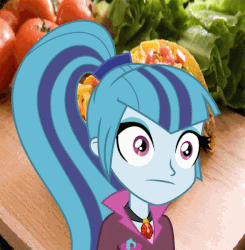 Size: 588x600 | Tagged: safe, sonata dusk, equestria girls, g4, my little pony equestria girls: rainbow rocks, :|, animated, female, i've seen some shit, solo, sonataco, starenata, taco, that girl sure loves tacos, that siren sure does love tacos, thousand yard stare