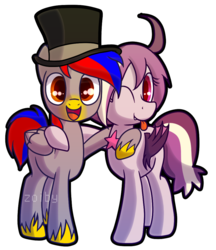 Size: 864x1000 | Tagged: safe, artist:zoiby, oc, oc only, oc:bit drizzle, oc:retro pixel, bat pony, pegasus, pony, bat pony oc, female, hat, male, open mouth, side hug, simple background, tongue out, top hat, transparent background, unshorn fetlocks, watermark