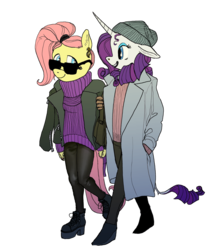 Size: 1143x1280 | Tagged: safe, artist:spectralunicorn, fluttershy, rarity, anthro, g4, alternate hairstyle, clothes, female, jacket, lesbian, ship:flarity, shipping, sunglasses, sweater, sweatershy