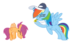 Size: 1024x595 | Tagged: safe, artist:raikuraikaze-chan, rainbow dash, scootaloo, pegasus, pony, g4, blowing, buzzing wings, coach, coach rainbow dash, cute, cutealoo, female, filly, flying lesson, foal, hat, hover, mare, puffy cheeks, rainblow dash, rainbow coach, rainbow dashs coaching whistle, scootaloo can fly, scootalove, simple background, trainer, transparent background, vector, whistle, whistle necklace, wings