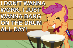 Size: 750x500 | Tagged: safe, edit, edited screencap, screencap, scootaloo, pegasus, pony, g4, one bad apple, bang the drum all day, cape, caption, clothes, drumming, drums, eyes closed, female, filly, grin, happy, image macro, meme, musical instrument, solo, song reference, todd rundgren