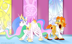 Size: 970x594 | Tagged: safe, artist:spainfischer, princess celestia, oc, alicorn, earth pony, pony, unicorn, g4, burned, burned butt, butt fire, clothes, commission, female, fire, glasses, lab coat, literal butthurt, male, mare, open mouth, pain, raised hoof, shirt, stallion