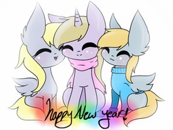 Size: 1024x768 | Tagged: safe, artist:twinkiepie19, chirpy hooves, derpy hooves, dinky hooves, pegasus, pony, unicorn, g4, blushing, chirpabetes, clothes, cute, dinkabetes, dizzy hooves, dizzybetes, eyes closed, happy new year, open mouth, open smile, scarf, smiling, sweater