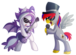 Size: 2176x1575 | Tagged: safe, artist:drawntildawn, oc, oc only, oc:bit drizzle, oc:retro pixel, bat pony, pony, action pose, cutie mark, female, guitar, male, microphone, open mouth, simple background, sunglasses, tongue out, transparent background