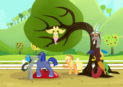 Size: 4096x2880 | Tagged: safe, alternate version, artist:dsp2003, applejack, discord, fluttershy, bats!, g4, apple, crossover, equius zahhak, flutterbat, hanging, homestuck, nepeta leijon, ponified, race swap, sweet apple acres, tree, upside down