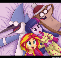 Size: 1267x1212 | Tagged: safe, artist:the-butch-x, sunset shimmer, twilight sparkle, equestria girls, g4, clothes, crossover, cute, fluffy, male, mordecai, mordecai and rigby, pajamas, regular show, rigby (regular show), twilight sparkle (alicorn)