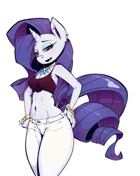 Size: 800x1000 | Tagged: safe, artist:meguidan, rarity, anthro, g4, bedroom eyes, belly button, blushing, ear piercing, female, lipstick, looking at you, midriff, smiling, solo