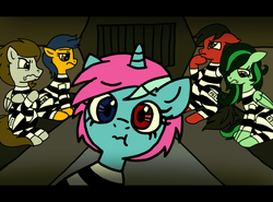 Size: 1024x757 | Tagged: safe, artist:foxgirlkira, oc, oc only, oc:daniel renardson, oc:eden shallowleaf, oc:gemstone hammerhoof, oc:max, oc:vooly, clothes, cute, heterochromia, looking at you, prison, prison outfit, prison stripes, prisoner, selfie