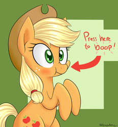 Size: 1413x1521 | Tagged: safe, artist:notenoughapples, applejack, earth pony, pony, g4, :t, arrow, blushing, boop, cute, female, imminent boop, jackabetes, mare, nose wrinkle, puffy cheeks, scrunchy face, silly, silly pony, simple background, solo, wide eyes
