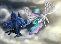 Size: 3500x2500 | Tagged: safe, artist:thekuto, princess celestia, princess luna, alicorn, pony, g4, cloud, cloudy, eye contact, female, flying, high res, looking at each other, mare, missing accessory, night, sky, smiling, spread wings, stars, underhoof