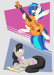 Size: 2000x2800 | Tagged: safe, artist:thekuto, dj pon-3, octavia melody, vinyl scratch, earth pony, pony, unicorn, g4, book, cello, duo, duo female, female, high res, mare, musical instrument