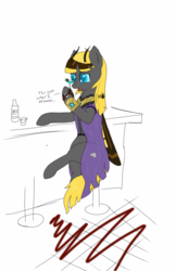 Size: 779x1200 | Tagged: safe, artist:codras, oc, oc only, oc:hexferry, mothpony, original species, bar, bracer, clothes, crossed legs, dialogue, dress, hairclip, hoof strap, martini, necklace, simple background, sitting, solo