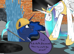 Size: 1000x727 | Tagged: safe, artist:backlash91, princess celestia, princess luna, alicorn, pony, g4, angry, celestia is not amused, diamond pickaxe, hard hat, hat, manhole, marehole, minecraft, pickaxe, soaked, water, wet, wet mane, ye olde butcherede englishe