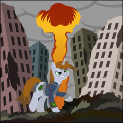 Size: 5000x5000 | Tagged: safe, artist:v0jelly, oc, oc only, oc:littlepip, pony, unicorn, fallout equestria, absurd resolution, clothes, cloud, cloudy, cutie mark, destruction, fanfic, fanfic art, female, hooves, horn, jumpsuit, mare, mushroom cloud, overcast, pipbuck, ruins, solo, teeth, vault suit, wasteland