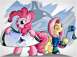 Size: 2000x1500 | Tagged: safe, artist:ruhisu, fluttershy, pinkie pie, g4, andrea libman, bipedal, blushing, clothes, flag, hockey, jersey, nhl, one eye closed, vancouver canucks, vanhoover, voice actor joke, wink