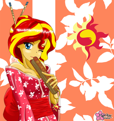 Size: 800x846 | Tagged: safe, artist:clouddg, sunset shimmer, equestria girls, g4, chopsticks in hair, fan, female, kimono (clothing), lipstick, solo