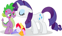 Size: 6500x3810 | Tagged: safe, artist:slb94, rarity, spike, dragon, pony, unicorn, g4, cheek kiss, female, flower, kiss mark, kissing, male, mare, ship:sparity, shipping, simple background, straight, transparent background