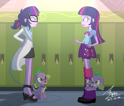 Size: 3376x2904 | Tagged: safe, artist:bluse, sci-twi, spike, spike the regular dog, twilight sparkle, dog, equestria girls, g4, my little pony equestria girls: rainbow rocks, adventure in the comments, angry, boots, clothes, collar, cute, doggy dragondox, duality, feet, female, glare, glasses, hallway, hand on hip, high heels, high res, hilarious in hindsight, lab coat, leash, legs, lockers, looking at each other, open mouth, sandals, self paradog, self paradox, self ponidox, shirt, shoes, show accurate, signature, skirt, spikabetes, spike the dog, toes, twiabetes, twilight sparkle (alicorn), twolight