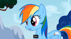 Size: 1290x702 | Tagged: safe, screencap, rainbow dash, g4, sonic rainboom (episode), female, lace, lacy, meme, rainbow dash always dresses in style, solo, youtube caption