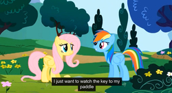 Size: 1290x702 | Tagged: safe, screencap, fluttershy, rainbow dash, g4, sonic rainboom (episode), key to my paddle, meme, text, youtube caption