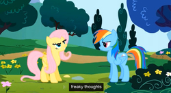 Size: 1290x702 | Tagged: safe, edit, edited screencap, screencap, fluttershy, rainbow dash, g4, sonic rainboom (episode), bedroom eyes, caption, meme, smiling, thinking, youtube caption