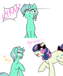 Size: 1280x1536 | Tagged: safe, artist:azure-doodle, bon bon, lyra heartstrings, sweetie drops, earth pony, pony, unicorn, g4, bow, dialogue, looking at each other, open mouth, raised hoof, sexually confused lyra, simple background, tail bow, white background