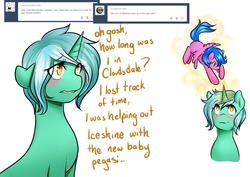 Size: 1280x904 | Tagged: safe, artist:azure-doodle, lyra heartstrings, oc, pegasus, pony, unicorn, g4, dialogue, glowing horn, horn, magic, sexually confused lyra, simple background, telekinesis, white background