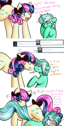 Size: 1280x2517 | Tagged: safe, artist:azure-doodle, bon bon, lyra heartstrings, sweetie drops, earth pony, pony, unicorn, g4, blushing, bow, comic, dialogue, eyes closed, female, mare, sexually confused lyra, simple background, tail bow, tumblr, white background