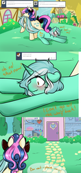 Size: 1280x2705 | Tagged: safe, artist:azure-doodle, bon bon, lyra heartstrings, sweetie drops, earth pony, pony, unicorn, g4, blushing, bow, comic, dialogue, ponyville, sexually confused lyra, tail bow